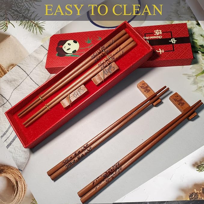 Natural Wooden Chopsticks Gift Set with Panda Holder, 2 Pairs | Reusable, Good Idea for Wedding, Gift Set for Anniversary, Gift Set for Birthday