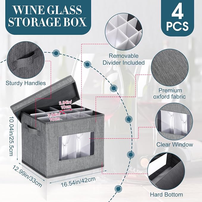 Uiifan 4 Pcs Wine Glass Storage Box with Dividers 12 Compartment Stemware Storage Cases China Container Box with Lid, Handles, PVC Window for Moving, Gray