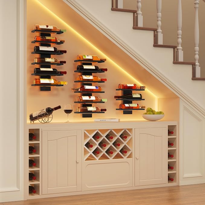 Hoctieon 2-Set 6 Tier Wall Mount Wine Rack, Wall Mounted Wine Bottle Racks for Display and Storage, Hanging Bottle Holder, for Living Room, Dining Room, Bar, Wine Cellar, Black