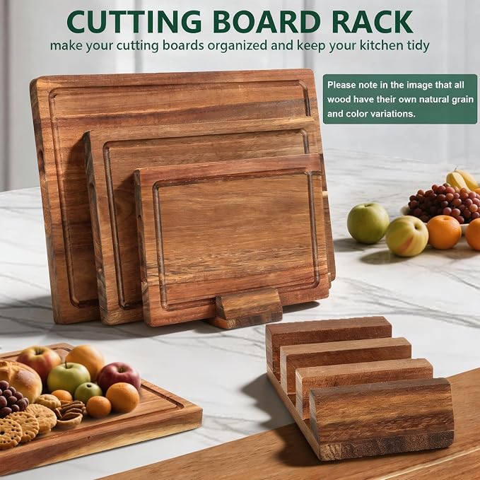 3 PCS Acacia Wood Cutting Boards for Kitchen With Wooden Storage Stand | Thick Chopping Boards, Deep Juice Grooves, Grip Handle, Non-slip Heavy Duty Charcuterie Board for Meat, Cheese and Vegetables