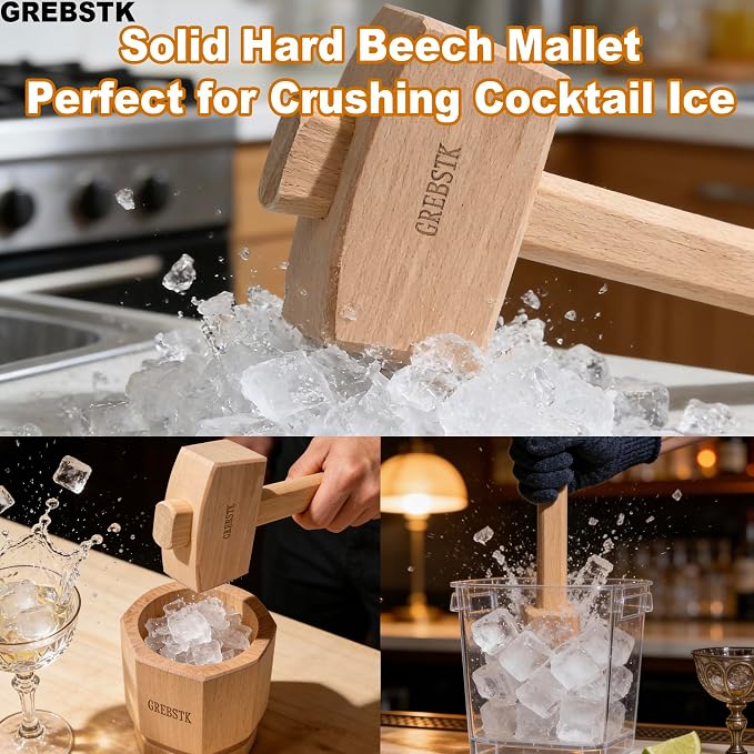 GREBSTK Unfinished Solid Beech Wood Mallet for Home Bartending & Workshop | Unfinished Natural Wood, Sweat-Absorbing Non-Slip Grip, Raw Tactile Texture, No Varnish or Oil, Precise Control for Tasks