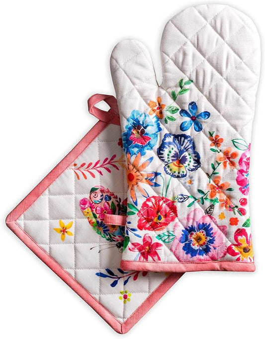 Maison d' Hermine 100% Cotton Oven Mitt & Pot Holder Set (7.5"x13" & 8"x8") | Heat Resistant BBQ Cooking Gloves with Loop Baking Kitchen Hotel Home Farmhouse Spring Summer - Happy Florals - High Summer