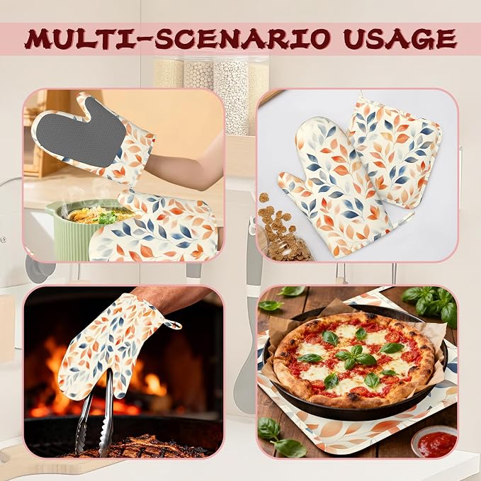 Autumn Leaves Heat-Resistant Silicone Oven Mitts and Pot Holder 4 Piece Set,Non-Slip Kitchen Oven Gloves for Baking, BBQ, Cooking,Grilling