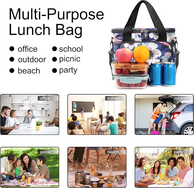 Lunch Bags for Women/Men, Insulated Lunch Bag for Work Office - Lunch Cooler Bag Leakproof Lunch Box with Adjustable Shoulder Strap - Ink foral