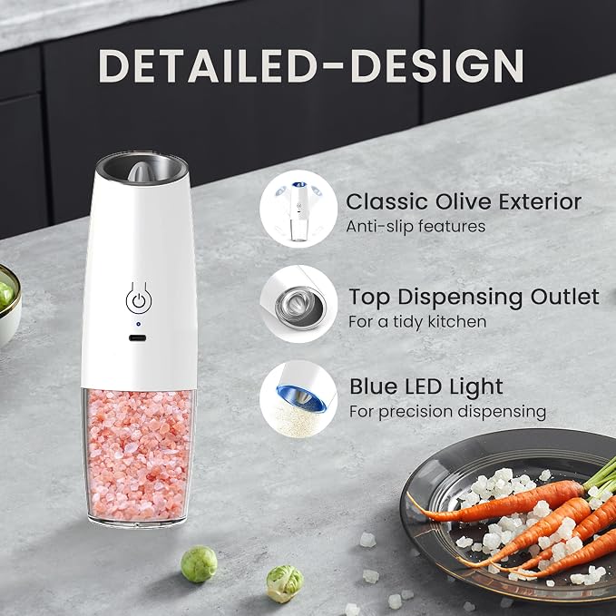 Rechargeable Salt And Pepper Grinder Set with LED Light, Automatic Electric Gravity Salt And Pepper Shakers Set, No Battery Needed, Adjustable Roughness, 2 Pack (Black+White)