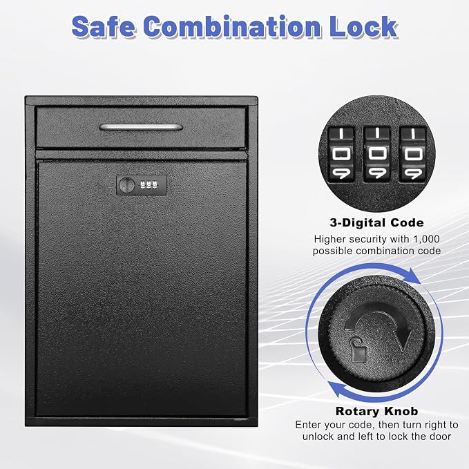 KYODOLED Wall Mount Mailbox for Outside, Combination Lock, X Large, Black | Sturdy Steel, Anti-theft Large Drop Box, Ideal for Home, Office, School Daily Mail/Key/Cash Storage, 16.2H" x 11.2L" x 4.6W"