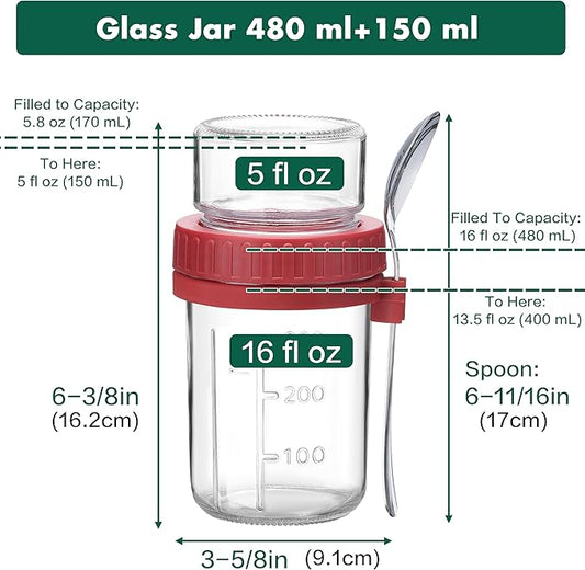 Danmu 2 Pack Overnight Oats Containers with Lids 16 oz,Dual-Layer Yogurt Parfait Cups with Lids,Meal Prep Containers Glass for Snack,Overnight Oats,Yogurt,Parfait,Salad Dishwasher Safe