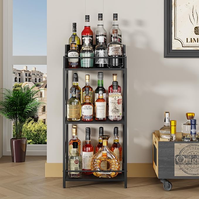 KLM Liquor Bottle Display Shelf, Liquor Cabinet bar for Home, 4 Step Liquor cabinetck, Mini bar,Liquor Cabinet, Home Retro Bar Shelf Stand for Liquor Whiskey, Spirits.(Black