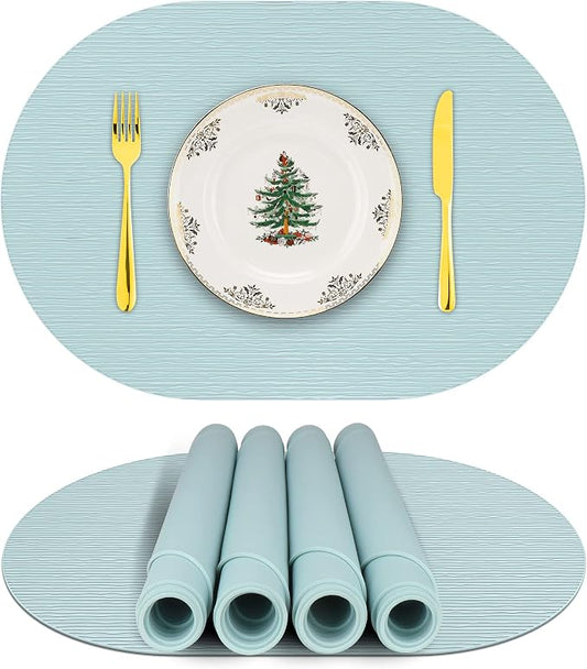 IYYI Silicone Placemats, Dining Placemats Set of 4, Waterproof Placemats for Kids, Heat Resistant Non-Slip Silicone Mats for Dinner Table, Dishwasher Safe (Light Blue, 17.7" ×12")