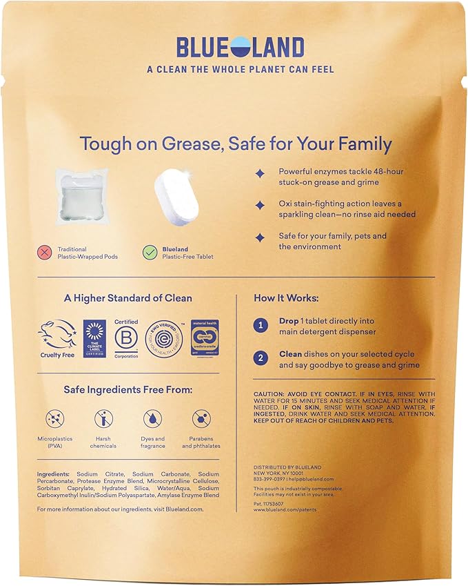 BLUELAND 100% Plastic-Free Dishwasher Detergent Tablets, 120 Count, Lemon Zest Scent, Eco Friendly Dishwashing Pods, Cuts Grease & Stuck on Food, Rinses Clean for Streak-Free Shine