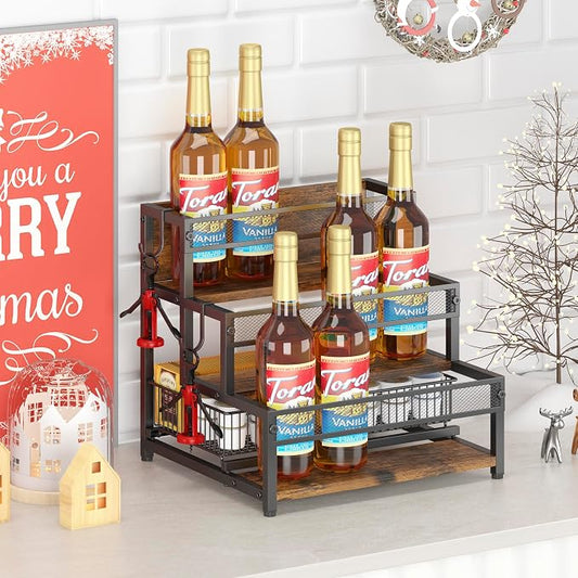 LOTEYIKE 3 Tier Coffee Syrup Rack Organizer, 12 Water Bottles Holder Stand Liquor Cabinet Storage, Wine Rack Countertop Storage Rack Coffee Bar Cabinet for Kitchen
