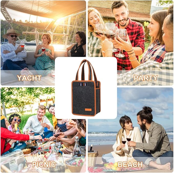 Foyego 2 Pack 6 Bottle Wine Tote Bag, Insulated Thermal Padded Wine Carrier Tote, Reusable Wine Bags for Wine Bottles Travel, Camping and Picnic, Perfect Wine Lover Gift