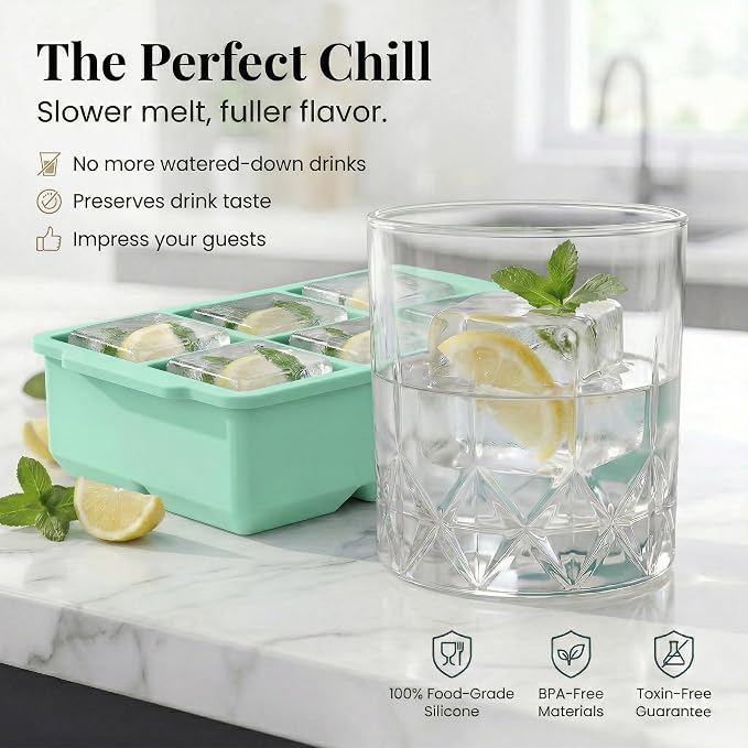 KitchFort® Large Silicone Ice Cube Tray (2-Pack), Easy Release 2" Big Ice Cubes - Cocktail, Whiskey Ice Cubes Mold - Ice Trays for Freezer with Lid - Stackable Silicone Ice Tray - Green