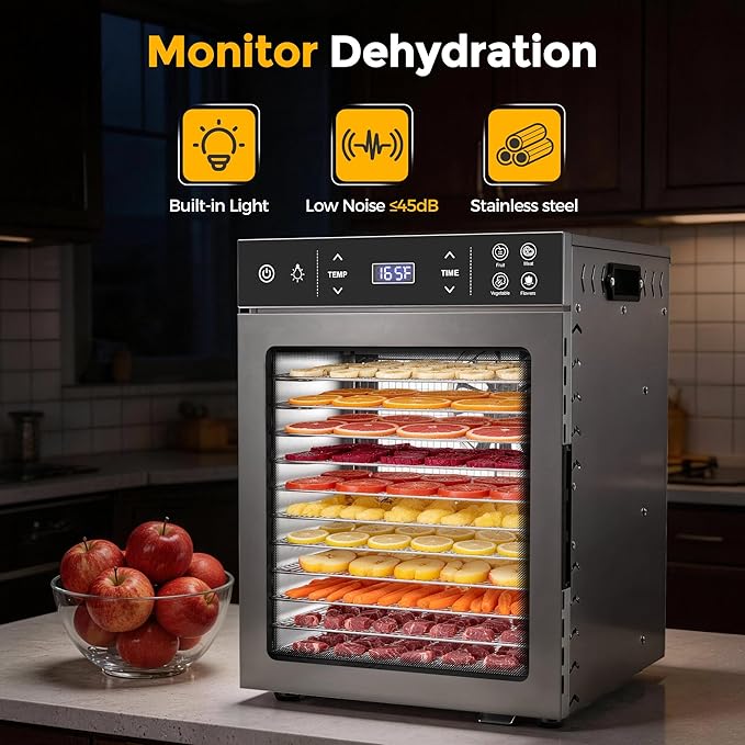 Suteck 800W Food Dehydrator with 12 Trays for Jerky, Fruit, Veg, Meat | Stainless Steel, 4 Presets, Strong Dual Fans & 360° Airflow, 85°F–195°F, 24H Timer, Built-in Light, Quiet