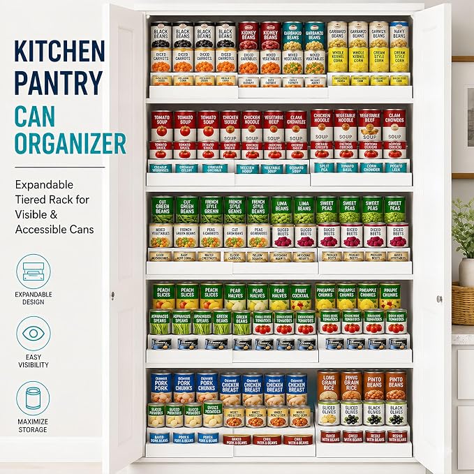 Expandable Can Organizer for Pantry Fits Up to 24 20-oz Canned Food, White | 3-Tier Can Storage Holder for Kitchen Cabinet, Solid Wood Canned Goods Pantry Organizer Shelf, Visible & Accessible Display