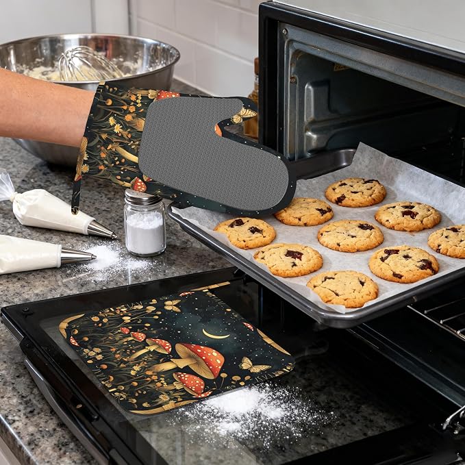Magic Mushroom Heat-Resistant Silicone Oven Mitts and Pot Holders,Butterfly Moon Long Oven Gloves with Non-Slip Grip for Cooking, Baking, Grilling,BBQ