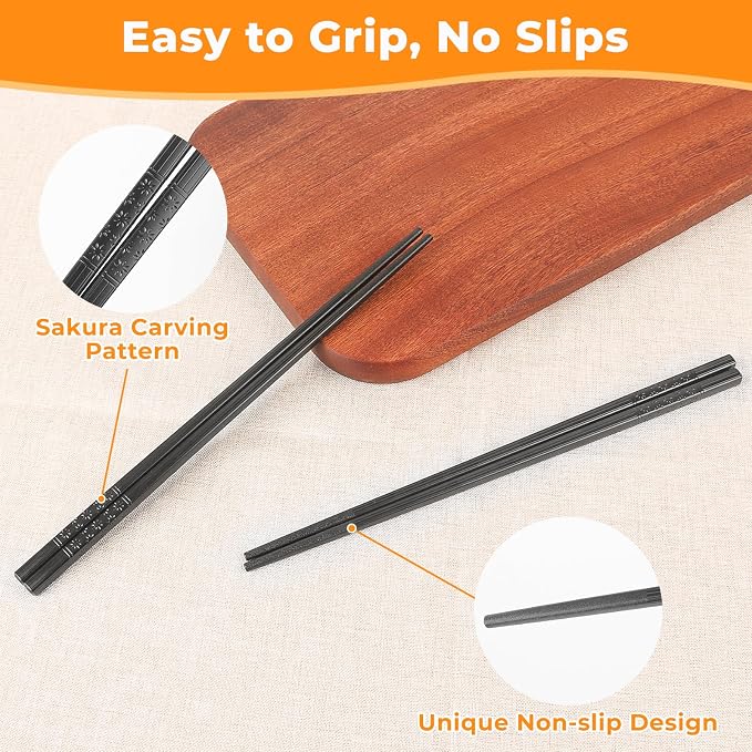 Fiberglass Chopsticks Reusable Set, 5 Pairs Black Gift-Boxed – Premium Non-Slip, Dishwasher Safe, Heat-Resistant 9.5 Inch Chop Sticks for Sushi, Ramen, Asian Dining