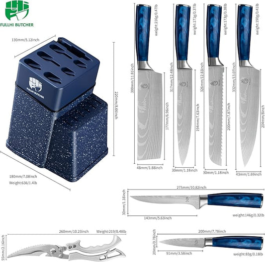 FULLHI 8pcs block Knife Set,chef's Knves Set with Block and Sharpener, Kitchen Knife Set,Multi-colour Handle, Gifts for Men Women