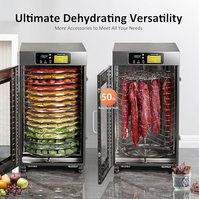 Rotary Food Dehydrator 16 Trays, Commercial Large Rotating Food Dryer Machine for Jerky, Herbs, Mushrooms, Fruit, Dog Treats, 1500W Full Stainless Steel Industrial Dehydrater (Gunmetal Gray)