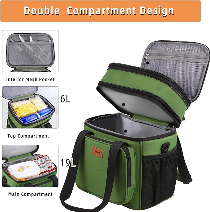 Expandable Lunch Box Cooler Bag - Insulated Soft Lunch Bag for Men Women - Large Lunchbox for Adults Work Camping Outdoor Travel Army Green 22L