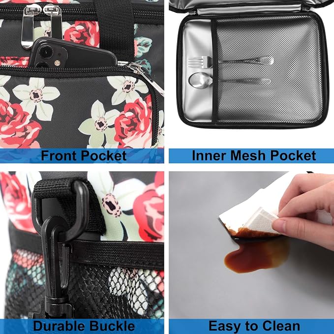 Lunch Bags for Women/Men, Insulated Lunch Bag for Work Office Picnic - Lunch Cooler Bag Leakproof Lunch Box with Adjustable Shoulder Strap - Black Floral