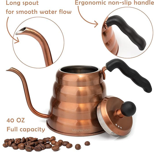 Mixpresso Gooseneck Pour Over Coffee Kettle - Barista Pour Control Design for Tea, 1.2 Liter (40 Oz) High-Grade Stainless Steel Drip Induction Cooker, Copper Stovetop Kettle