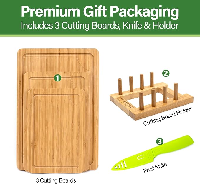 Bamboo Cutting Board Set, 3-Piece Cutting Board with Stand for Kitchen | Different Size, Chopping Board with Juice Groove, Serving Board, Ideal for Meat, Vegetables and Cheese