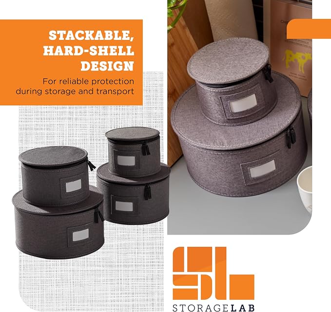 storageLAB 4-Piece Quilted China Plate Storage Set | Felt Dividers | Gray | 4-piece quilted plate set - dinner, salad, dessert & saucer cases, 12 plates each. Felt dividers, dual zippers.