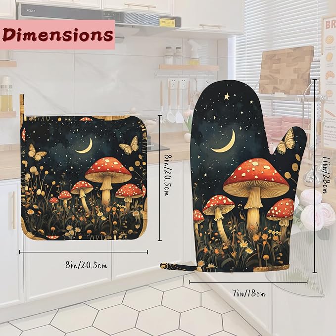Magic Mushroom Heat-Resistant Silicone Oven Mitts and Pot Holders,Butterfly Moon Long Oven Gloves with Non-Slip Grip for Cooking, Baking, Grilling,BBQ