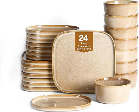 Stone Lain Cairo 24-Piece Dinnerware Set Stoneware, Plates and Bowls Set, Microwave and Dishwasher Safe, Includes Dinner and Salad Plates, Cereal Bowls, Dishes for 8, Sand