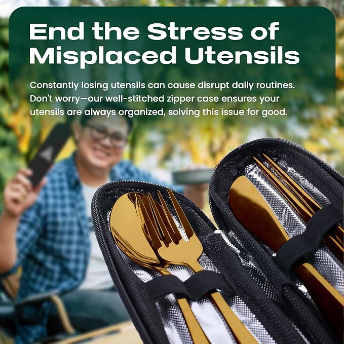 Taplord Portable Travel Silverware Set With Case, Includes 5 Pcs of Travel Utensils With Case, Stainless Steel Flatware Set For Camping, Easy to Travel, Lightweight (Gold)