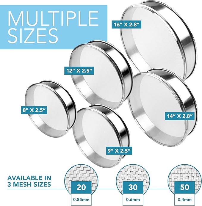 Stainless Steel Flour Sifter Fine Mesh Round Flour Sieve for Baking 9.5" Diameter x 2.5" High; 20 Mesh (Hole Size 0.85mm)