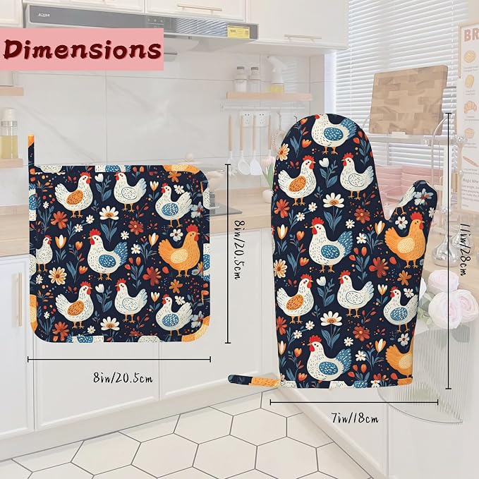 Cute Roosters Hens Chicks Heat-Resistant Silicone Oven Mitts and Pot Holders,Flower Field Long Oven Gloves with Non-Slip Grip for Cooking, Baking, Grilling,BBQ