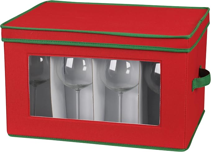 Household Essentials Holiday Wine Glass Storage Box in Strong Frame, Handles, Windowed Panel and 12 Compartments, Red with Green Trim