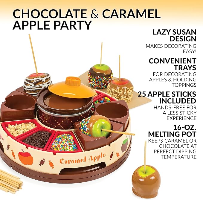 Nostalgia Chocolate & Caramel Fondue Pot, 25 Sticks, Fondue Machine with Decorating and Toppings Trays, Brown