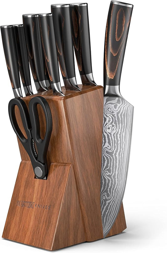 Yatoshi 9 Piece Block Set - Pro Kitchen Knife Set Ultra Sharp High Carbon Steel with Ergonomic Handle