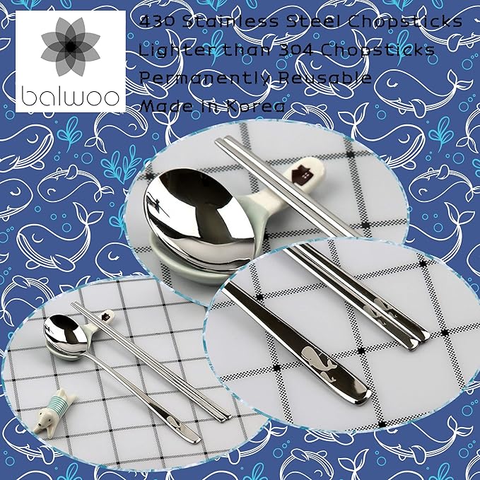 Chopsticks [Made in Korea][5 Sets] 430 Premium Stainless Steel Chopsticks, Mukbang Kitchen Utensil, Cutlery Silverware Stainless Tableware (Whale)