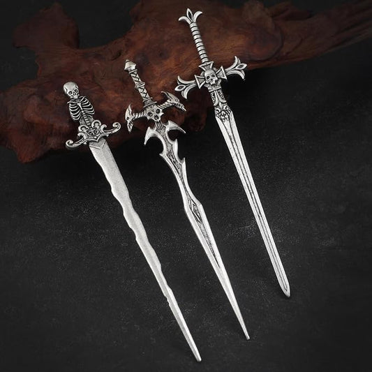 3PCS Skull Sword Hair Pins for Women, Metal Hair Sticks Set, Gothic Hair Accessories, Fantasy Decorative Hair Pins, Medieval Hair Stick Set for Bun Updo Long Thick Hair