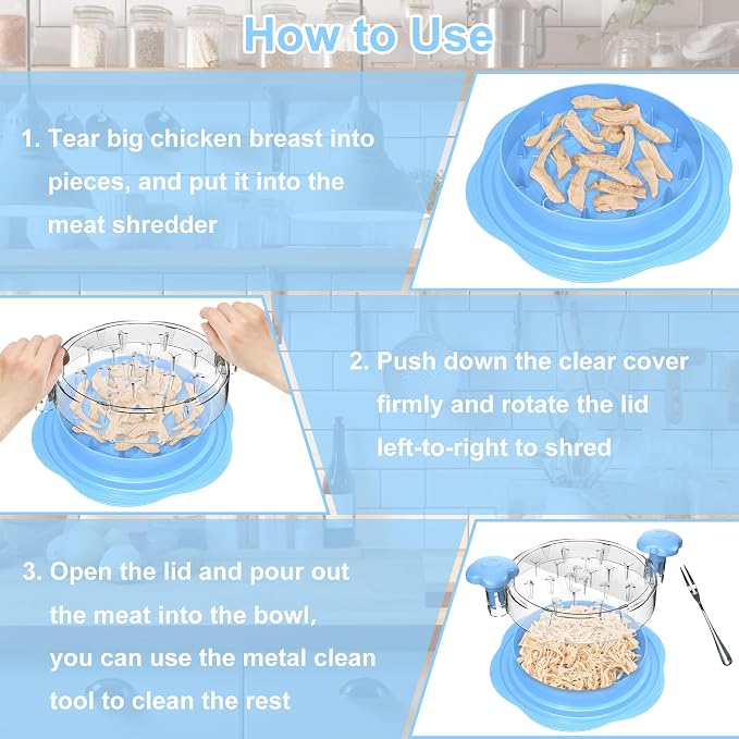 Chicken Shredder Tool Twist Large Meat Shredder with Brush&Fork, Sky Blue | Visible Chicken Breast Shredder, Strong Anti-Slip Strip, Ergonomic Handle, BPA Free, Kitchen Gadgets for Pork Beef Chicken