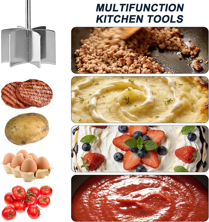 Stainless steel Meat Chopper, 6 Curve Blades Ground Beef Smasher,Potato Masher Utensil,Heat-Resistant Hamburger Meat Smasher,Heavy Duty Wooden Handle