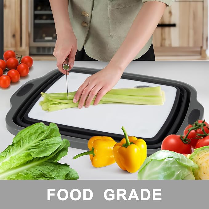 Collapsible Cutting Board with Container, Foldable Camping Sink with Colander, BBQ Prep Tub with Lid, Multifunction Dish Basin for Kitchen, Bowl, Vegetable and Fruit, 2.11 Gal/8L Storage Basket
