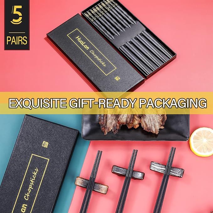 Fiberglass Chopsticks Series - Japanese Non-Slip Chopstick, Reusable Chop Sticks Dishwasher Safe, 5 Pairs, Gift Set, 9.9 Inches, Black