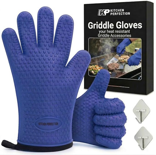 KITCHEN PERFECTION Silicone Griddle Grill Gloves Heat Resistant Oven Mitts | Waterproof, 5-Finger Design For A Better Grip, Best Griddle Grilling Accessories, Compatible with Blackstone, Weber & More