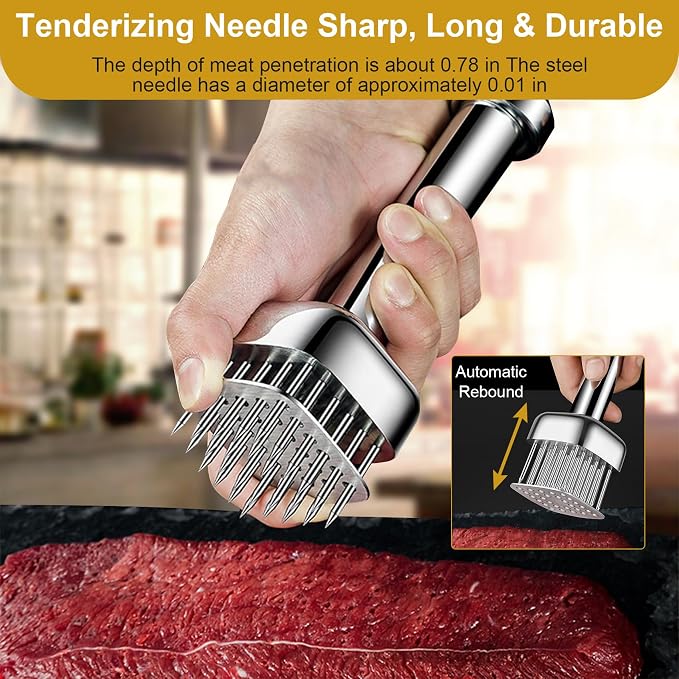 Meat Tenderizer Tool, 28 Sharp Needles Stainless Steel Mallet | 304 Stainless Steel Meat Hammer with Safety Guard, Easy Grip Handle for Tenderizing Beef, Chicken & Turkey, Dishwasher Safe