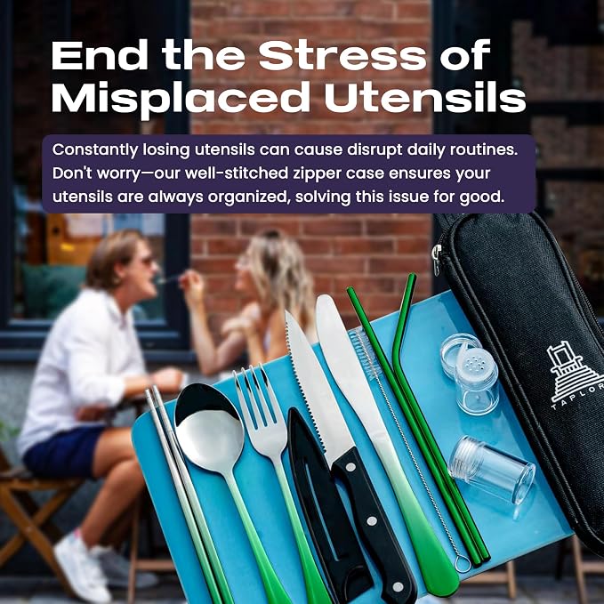 Taplord Portable Travel Silverware Set With Case - Includes 10 Pcs of Utensils, Stainless Steel Flatware For Camping, Easy to Travel, Lightweight (Green Two Tune)