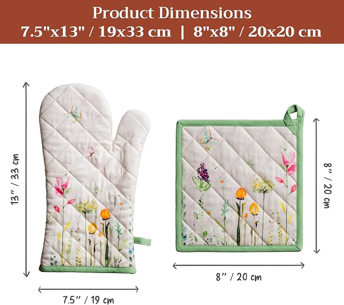 Maison d' Hermine 100% Cotton Oven Mitt & Pot Holder Set (7.5"x13" & 8"x8") | Heat Resistant BBQ Cooking Gloves with Loop Baking Grilling Kitchen Hotel Home Farmhouse Spring Summer - Botanical Fresh