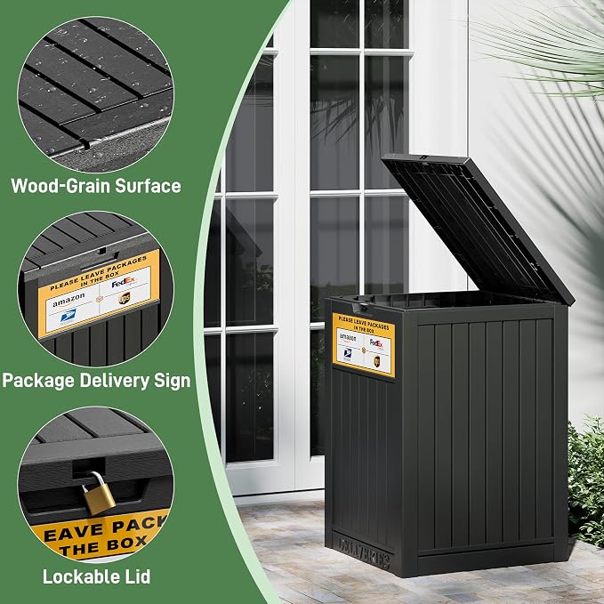 Outdoor Package Delivery Box with Lockable Secure and Sign, Resin Waterproof Outdoor Package Drop Container for Backyard, Garden, Patio & Lawn, Black with Sign