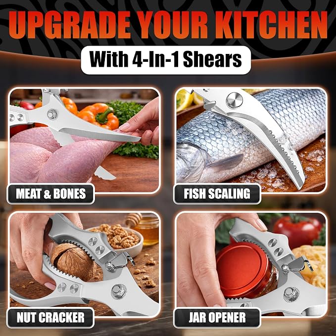 Stainless Steel Poultry Shears, Hardened Blades, Safety Lock | Heavy Duty Kitchen Shears for Food with Nutcracker and Fish Descaler; Spring-Loaded to Cut Chicken, Turkey, Meat and Bone