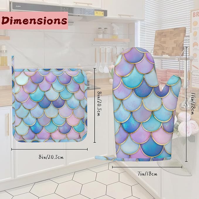 Pink Mermaid Scales Heat-Resistant Silicone Oven Mitts and Pot Holders,Long Oven Gloves with Non-Slip Grip for Cooking, Baking, Grilling,BBQ