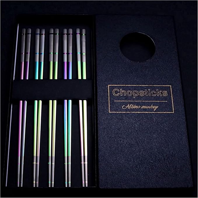 Albino Monkey Metal Chopsticks Reusable, 5 Pairs - Rainbow Iridescent Holographic Stainless Steel Chopsticks - Dishwasher Safe, Non-Slip, Extra Long 9" - Multicolor Japanese Sushi Gift Set